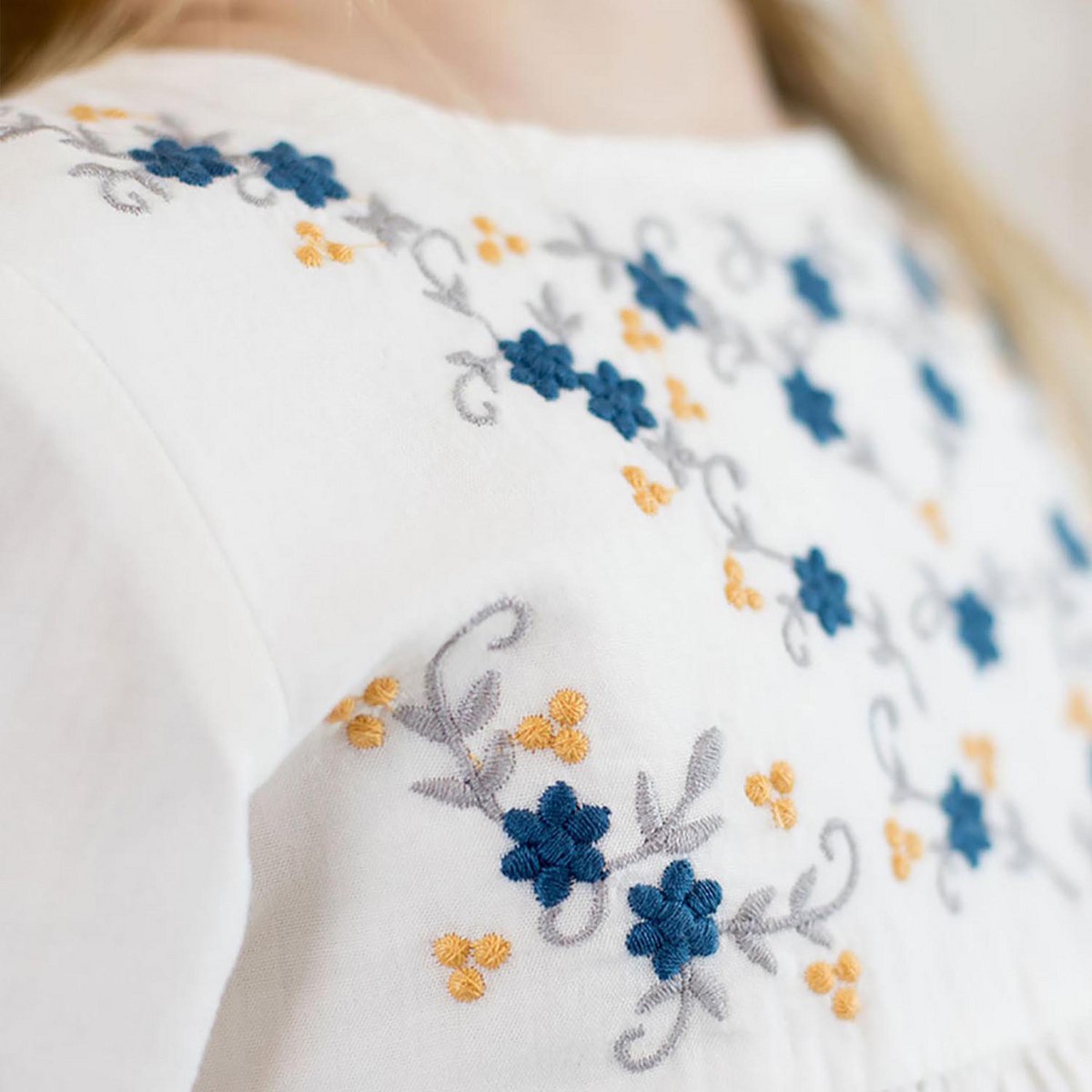 Nahaufnahme der Stickereien Blumen in blau und orange mit grauen Ranken