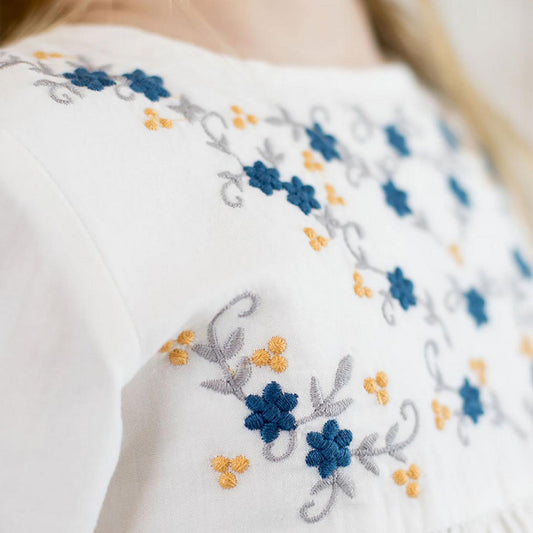 Nahaufnahme der Stickereien Blumen in blau und orange mit grauen Ranken