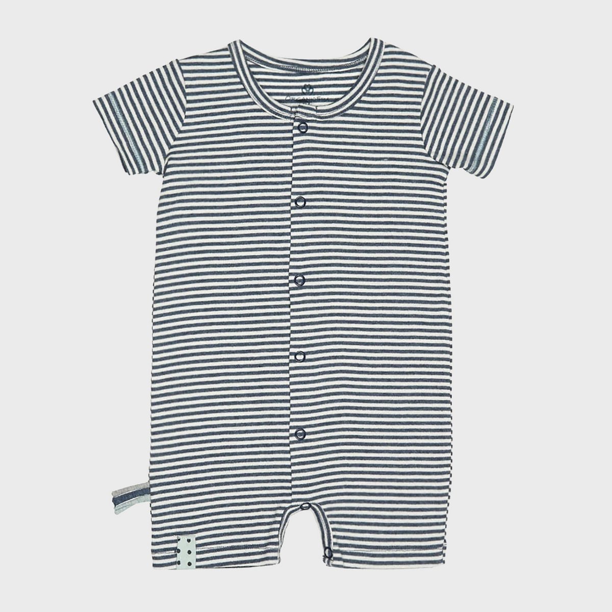 Frontansicht Strampler mit Streifen in Indigo Melange – OrganicEra