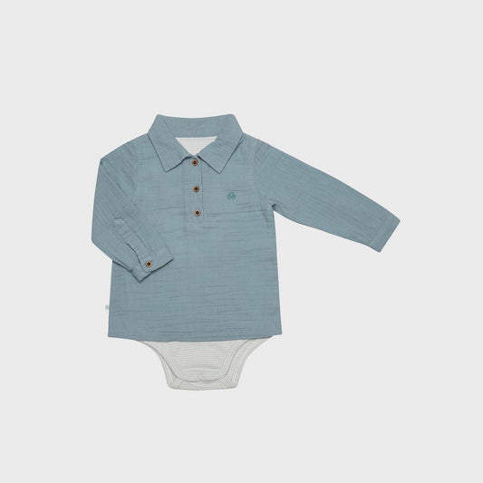 Langärmeliger Babybody im Hemd-Stil aus Bio-Musselin in Aqua von OrganicEra